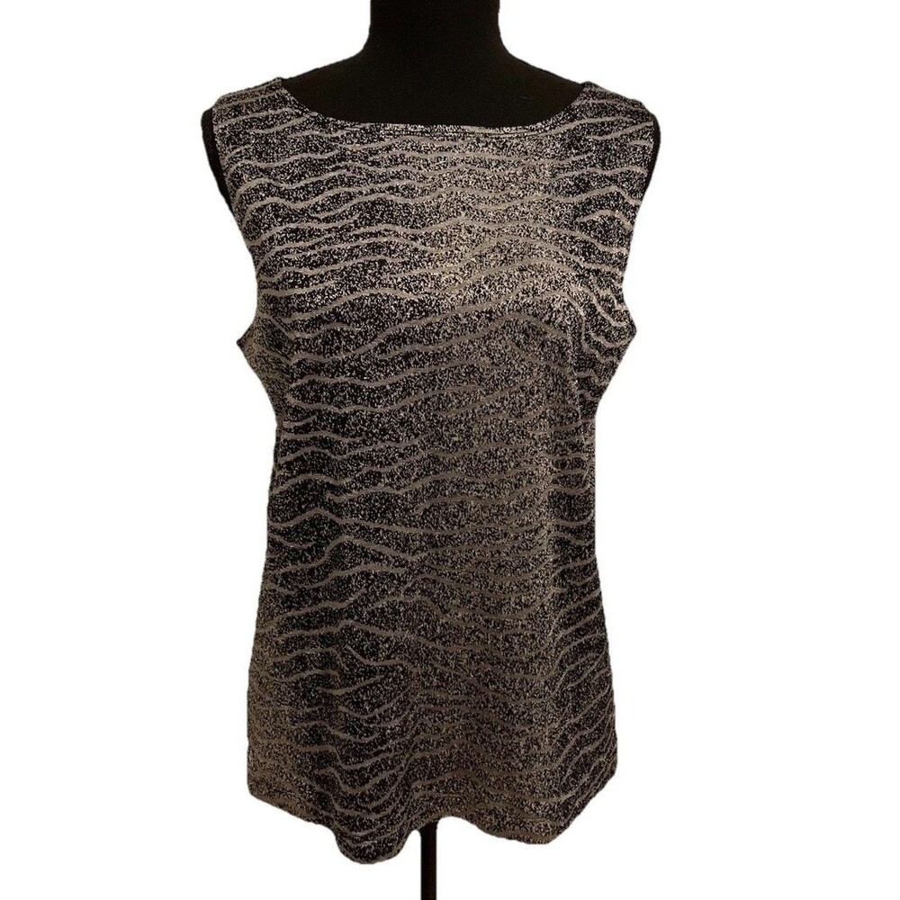 Chicos Travelers Size 2 Womens Large Top Black Silver Sleeveless Stretch